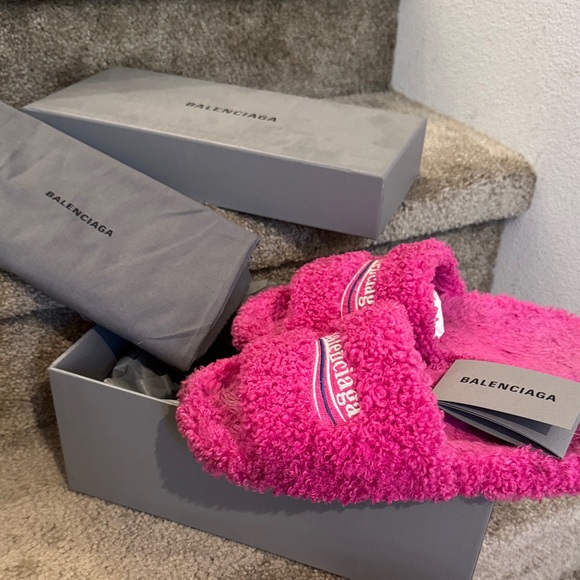 Balenciaga Vibrant Pink Plush Slippers - Picture 1 of 11